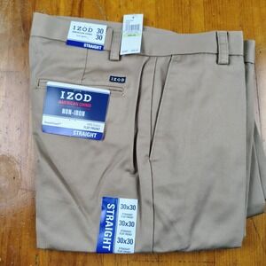 IZOD American Chino Mens 30x30 English Khaki Straight Fit Non-Iron Pants NEW